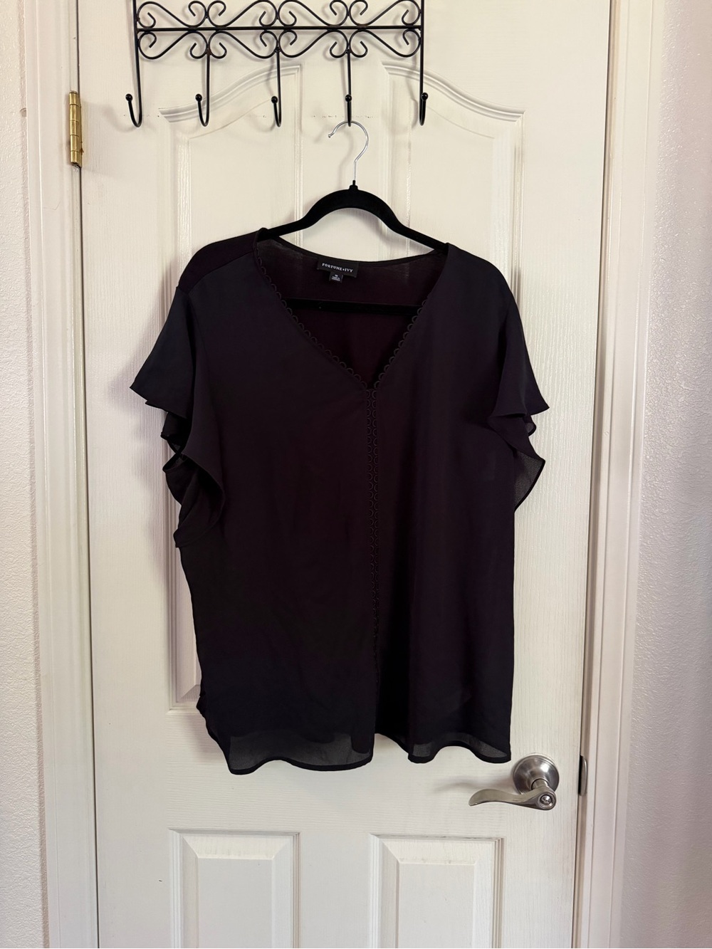 Black V-Neck Ruffle Sleeve Blouse